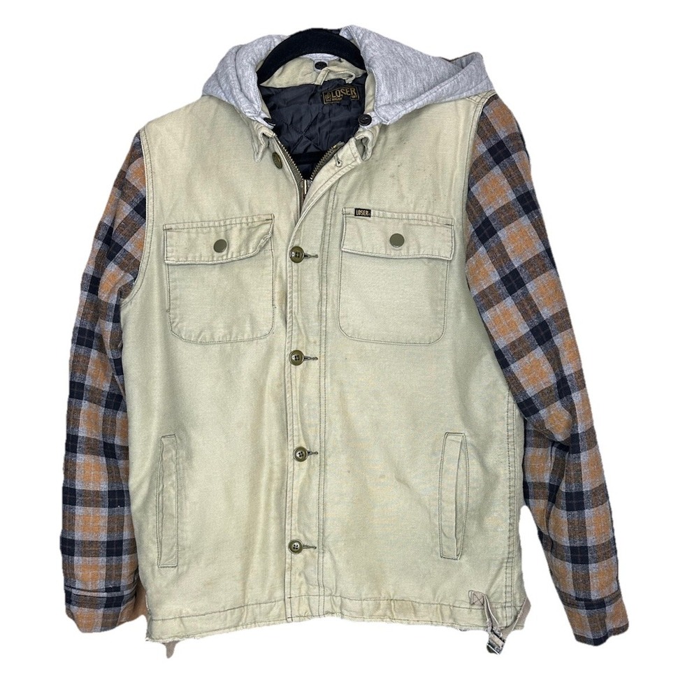 Loser Machine Company Mens Jacket M Khaki Thrashed Canvas and Plaid Hood Skater